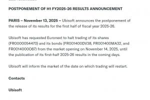 整大活？育碧在原定财报发布前几分钟推迟发布财报 并暂停股市交易