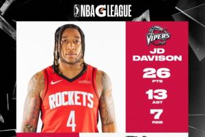 带派！休斯顿雨姐JD·戴维森统治G联盟 狂砍26分7板13助！