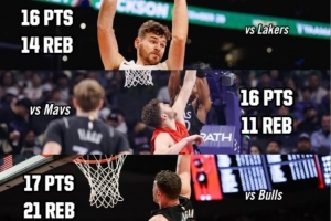 开拓者官推晒克林根过去五场两双数据：得分？篮板？他全都要！